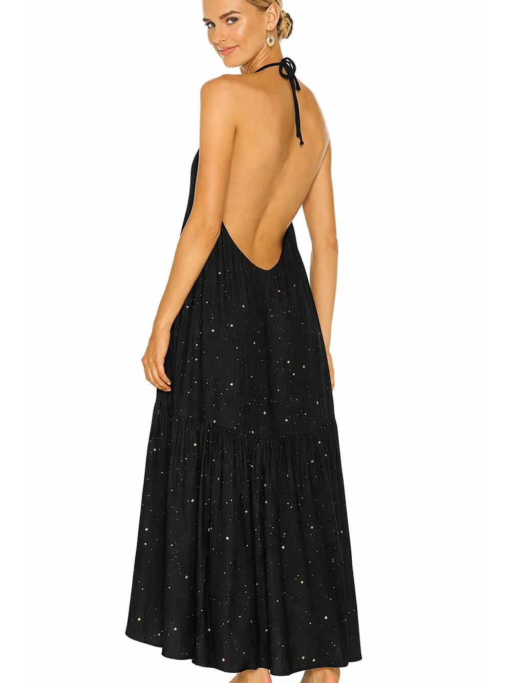 SUNDRESS Zahara Backless Metallic Halter Maxi Dress in Black Size XS/S
